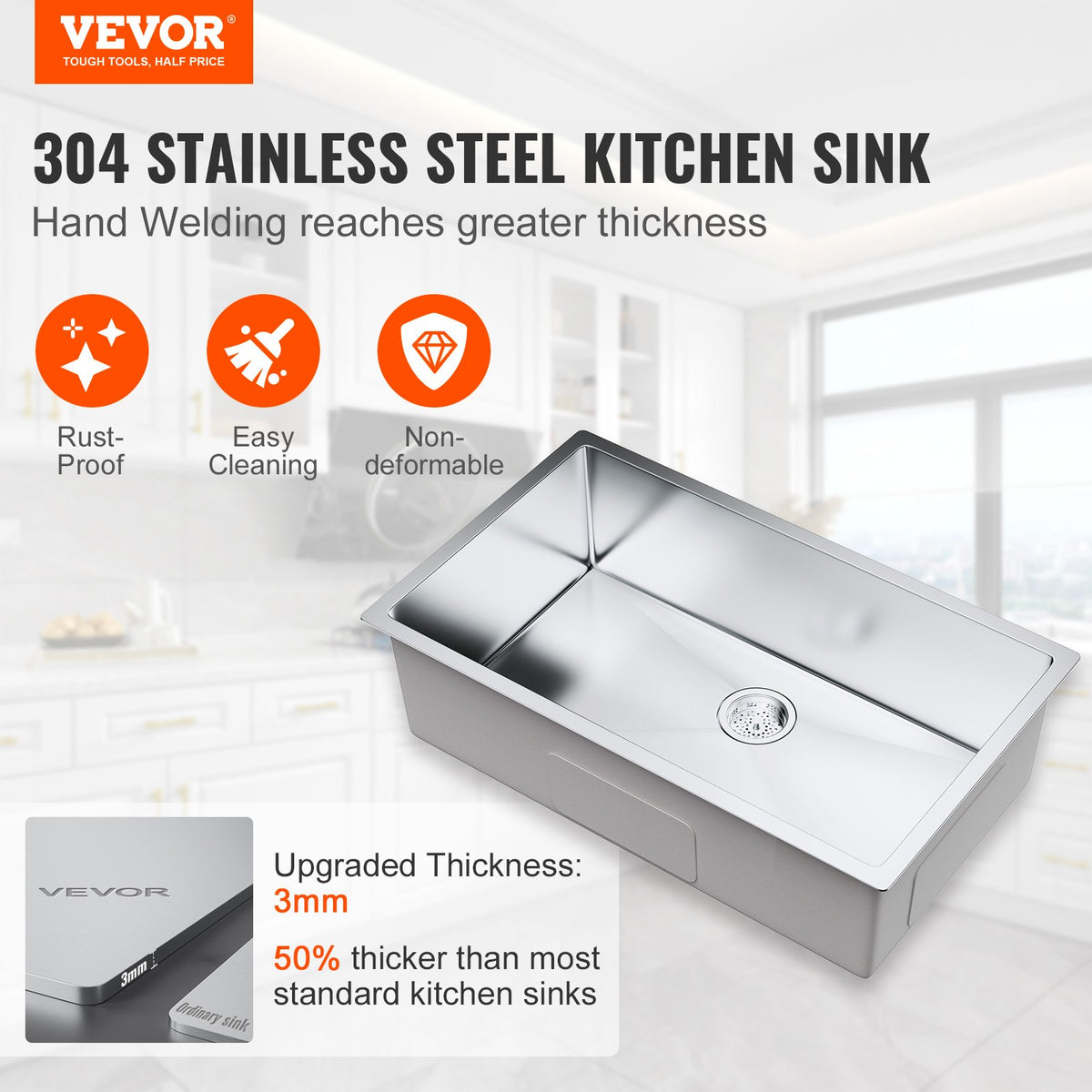 Kitchen Sink 32", 304 Stainless Steel Drop-In Single Bowl, Pack of 3 with Accessories