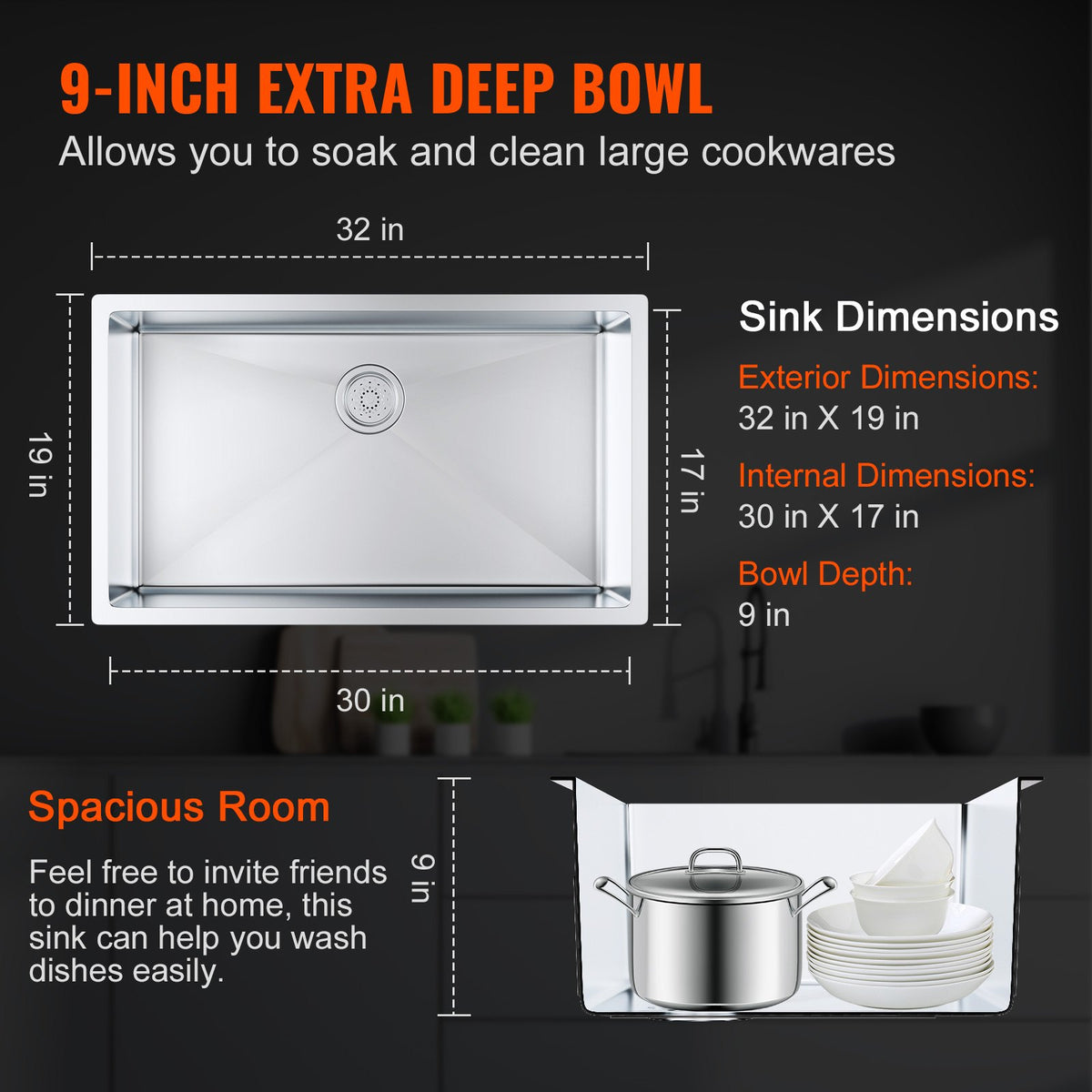 Kitchen Sink 32", 304 Stainless Steel Drop-In Single Bowl, Pack of 3 with Accessories