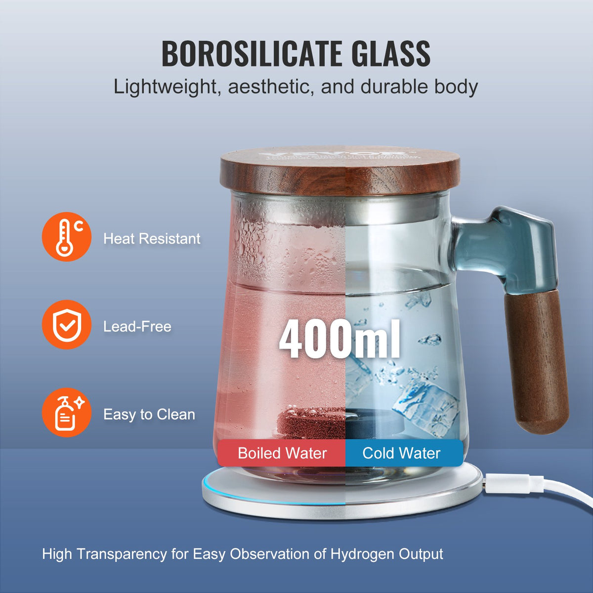 Hydrogen Water Cup 400ml Portable SPE Hydrogen Rich Water Ionizer Glass Bottle