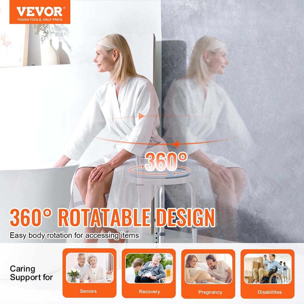 Shower Chair 360° Rotating Adjustable Height Non-Slip Bath Stool Elderly 136kg