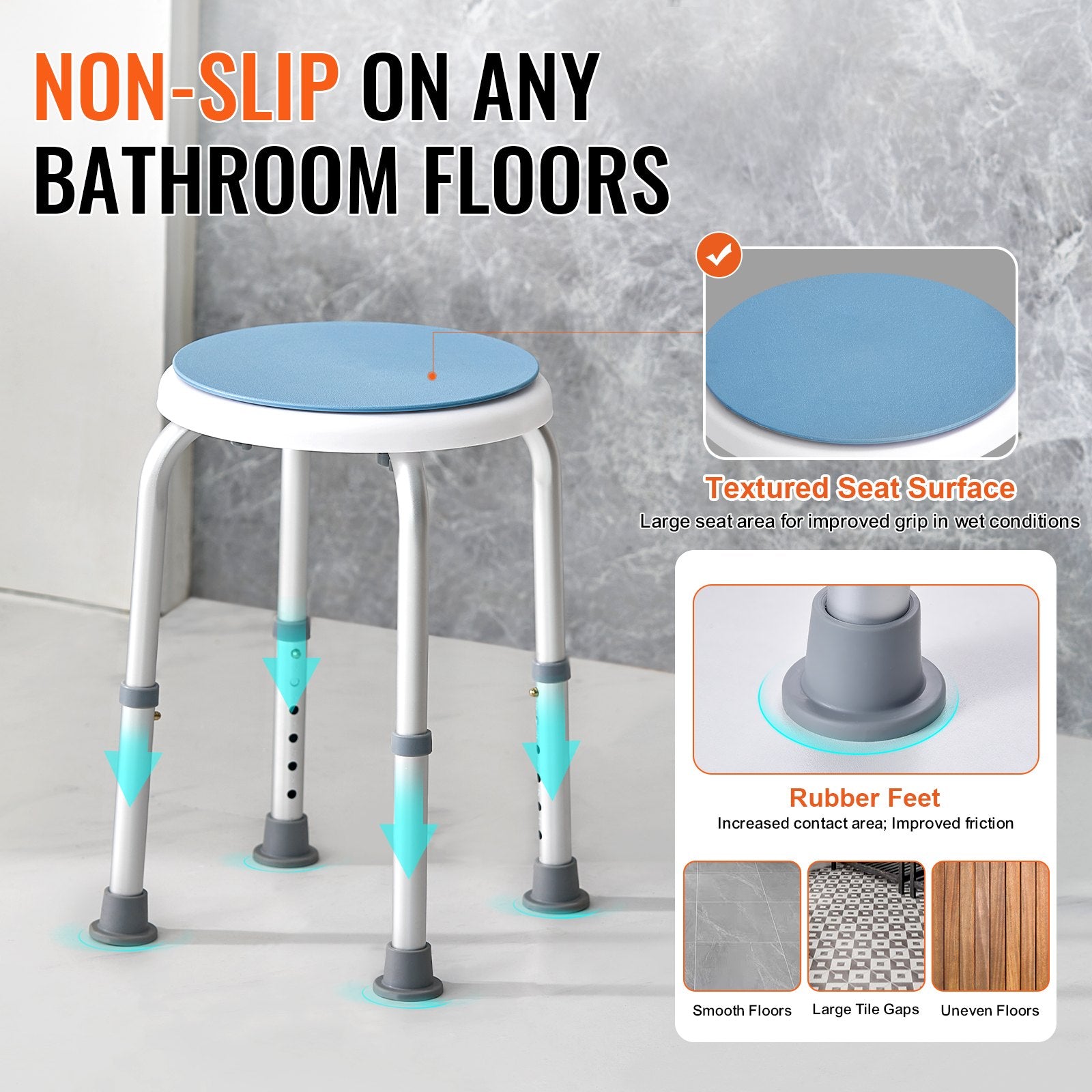 Shower Chair 360° Rotating Adjustable Height Non-Slip Bath Stool Elderly 136kg
