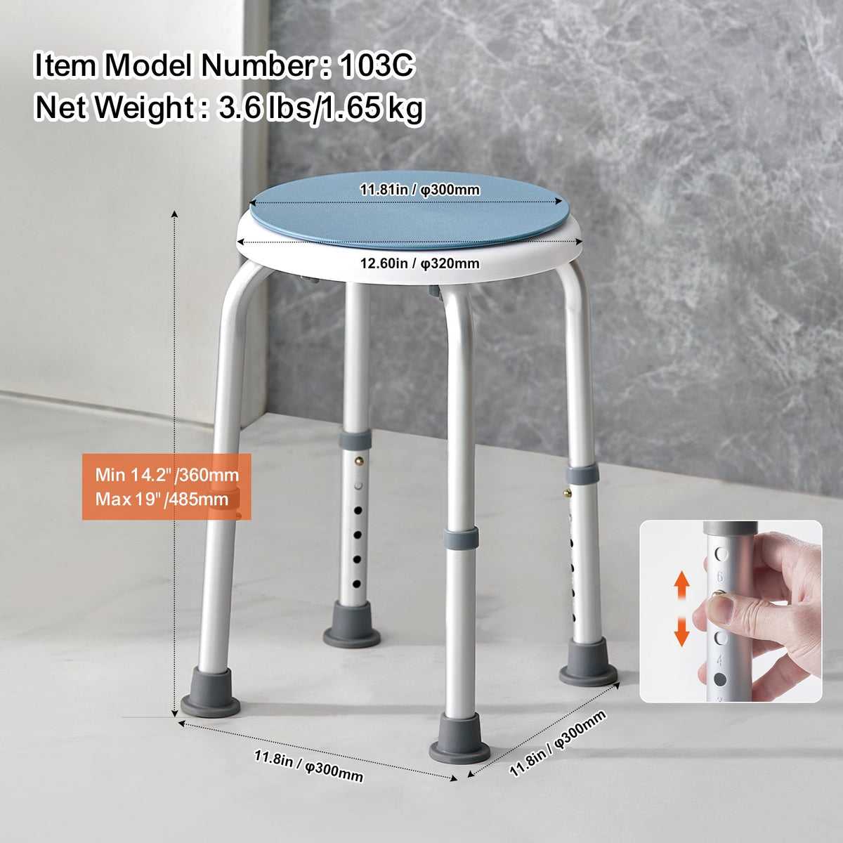 Shower Chair 360° Rotating Adjustable Height Non-Slip Bath Stool Elderly 136kg