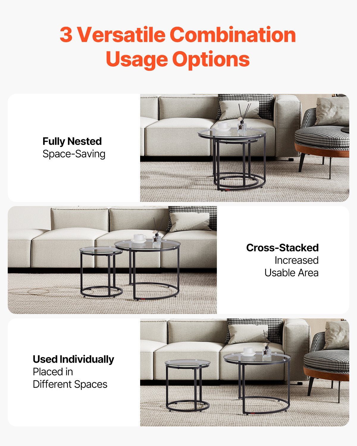 Nesting Coffee Table Set of 2 Round 600mm Glass Modern Metal Frame Living Room