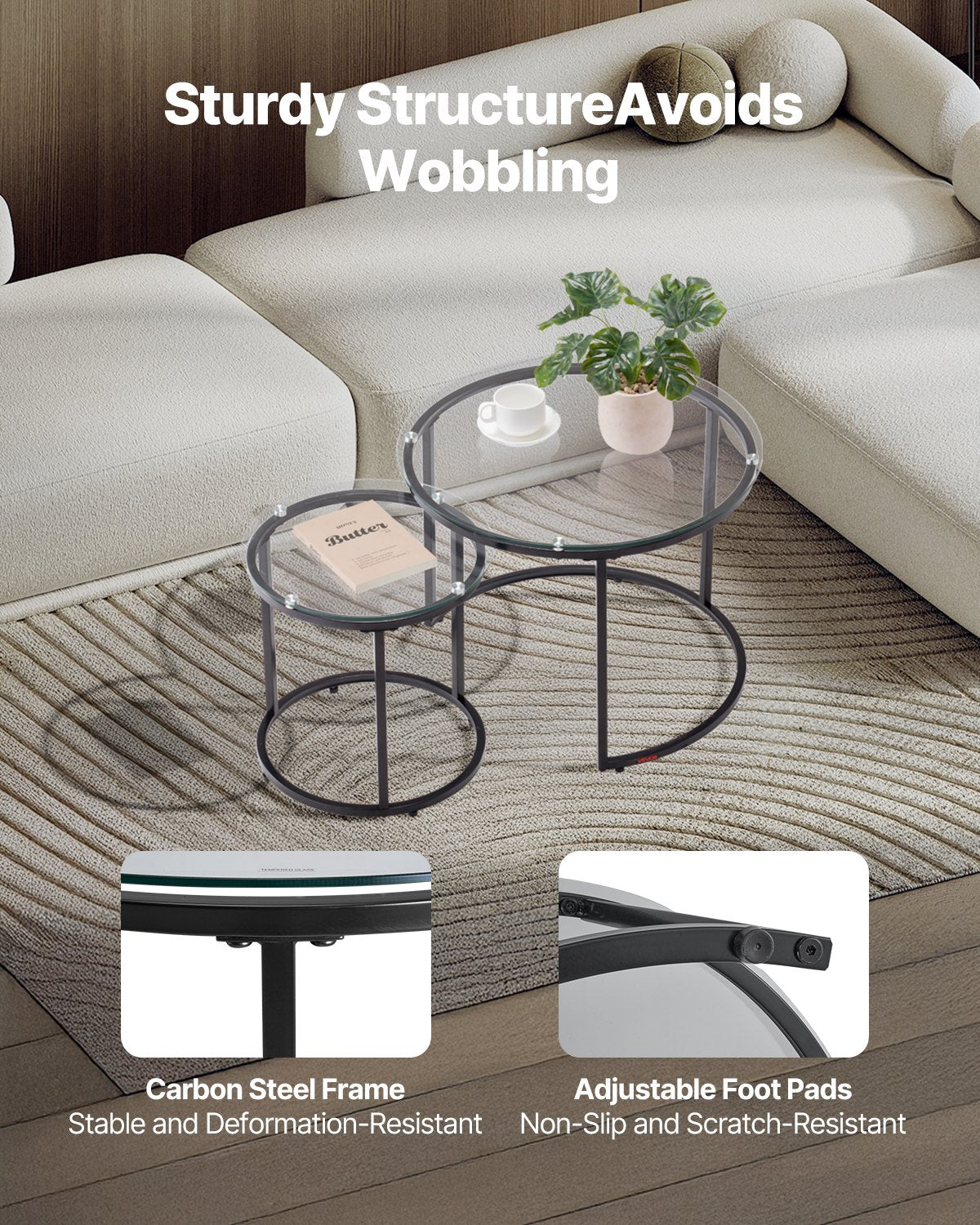 Nesting Coffee Table Set of 2 Round 600mm Glass Modern Metal Frame Living Room