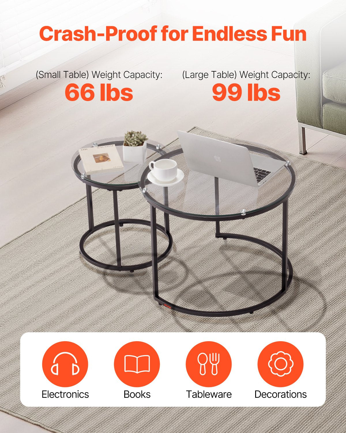 Nesting Coffee Table Set of 2 Round 600mm Glass Modern Metal Frame Living Room