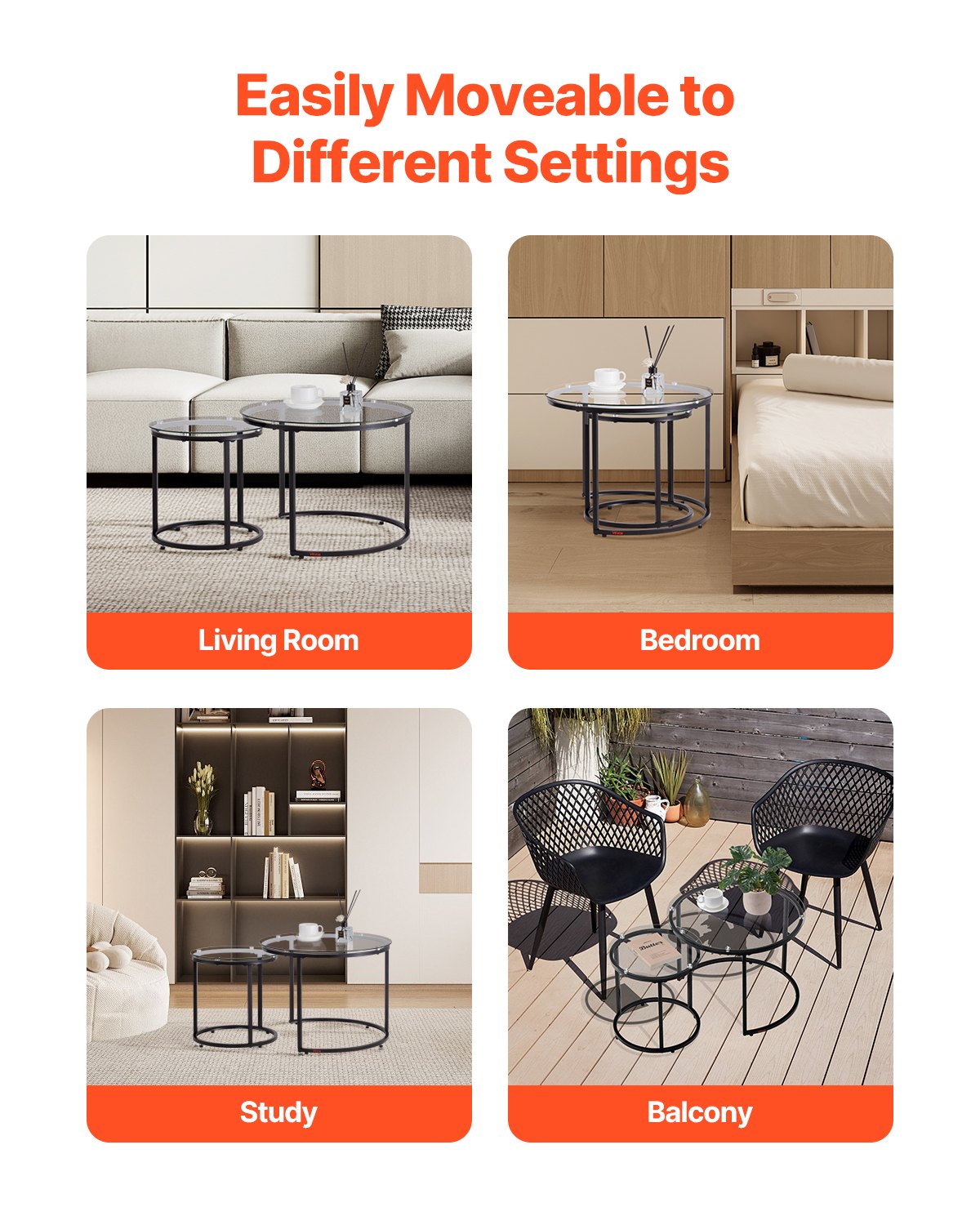 Nesting Coffee Table Set of 2 Round 600mm Glass Modern Metal Frame Living Room