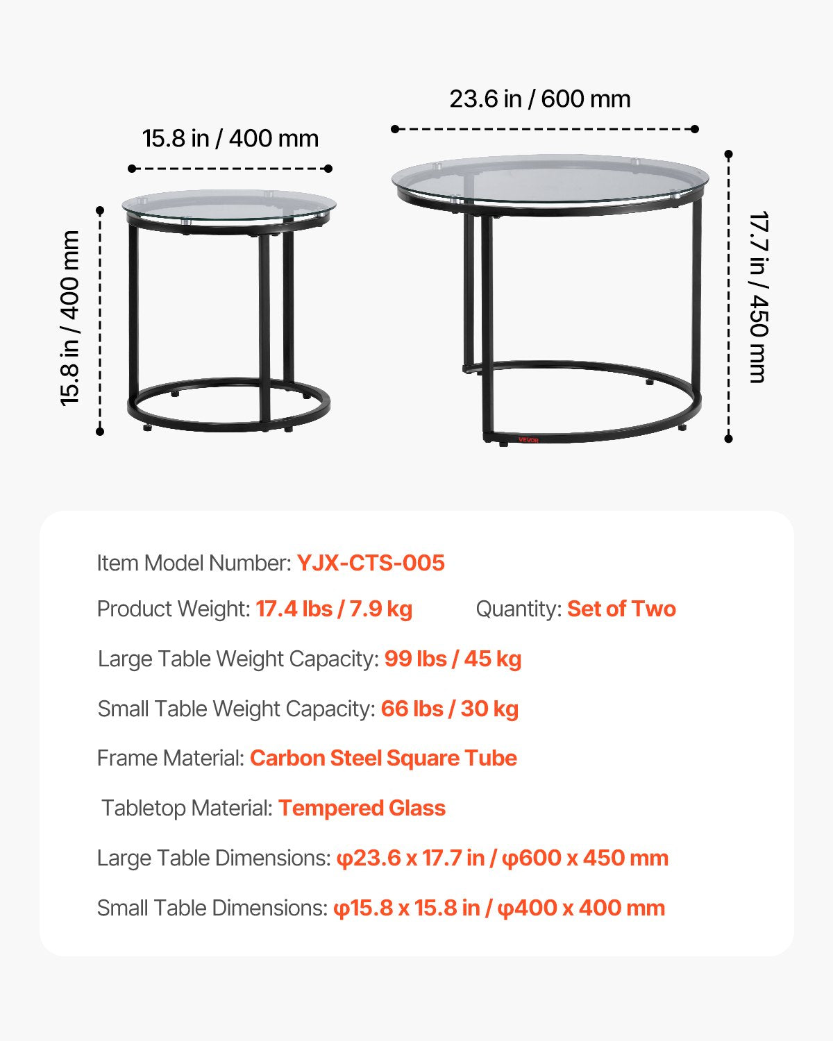 Nesting Coffee Table Set of 2 Round 600mm Glass Modern Metal Frame Living Room