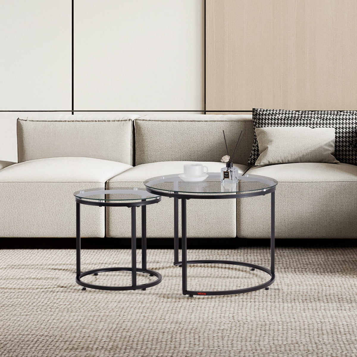 Nesting Coffee Table Set of 2 Round 600mm Glass Modern Metal Frame Living Room
