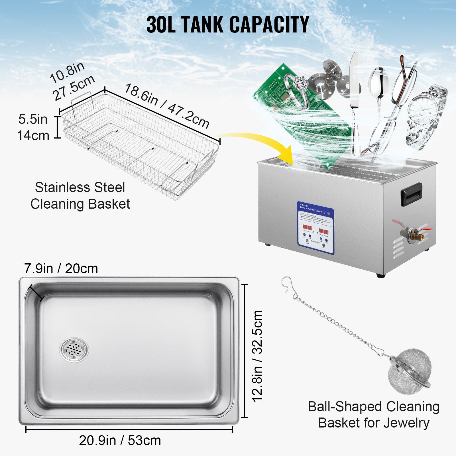 Ultrasonic Cleaner 30L 40kHz Stainless Steel Machine with Heater and Timer