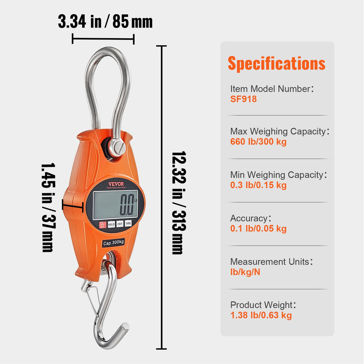 Digital Crane Scale 660 lbs/300 kg Heavy Duty Hanging Scale LCD Orange