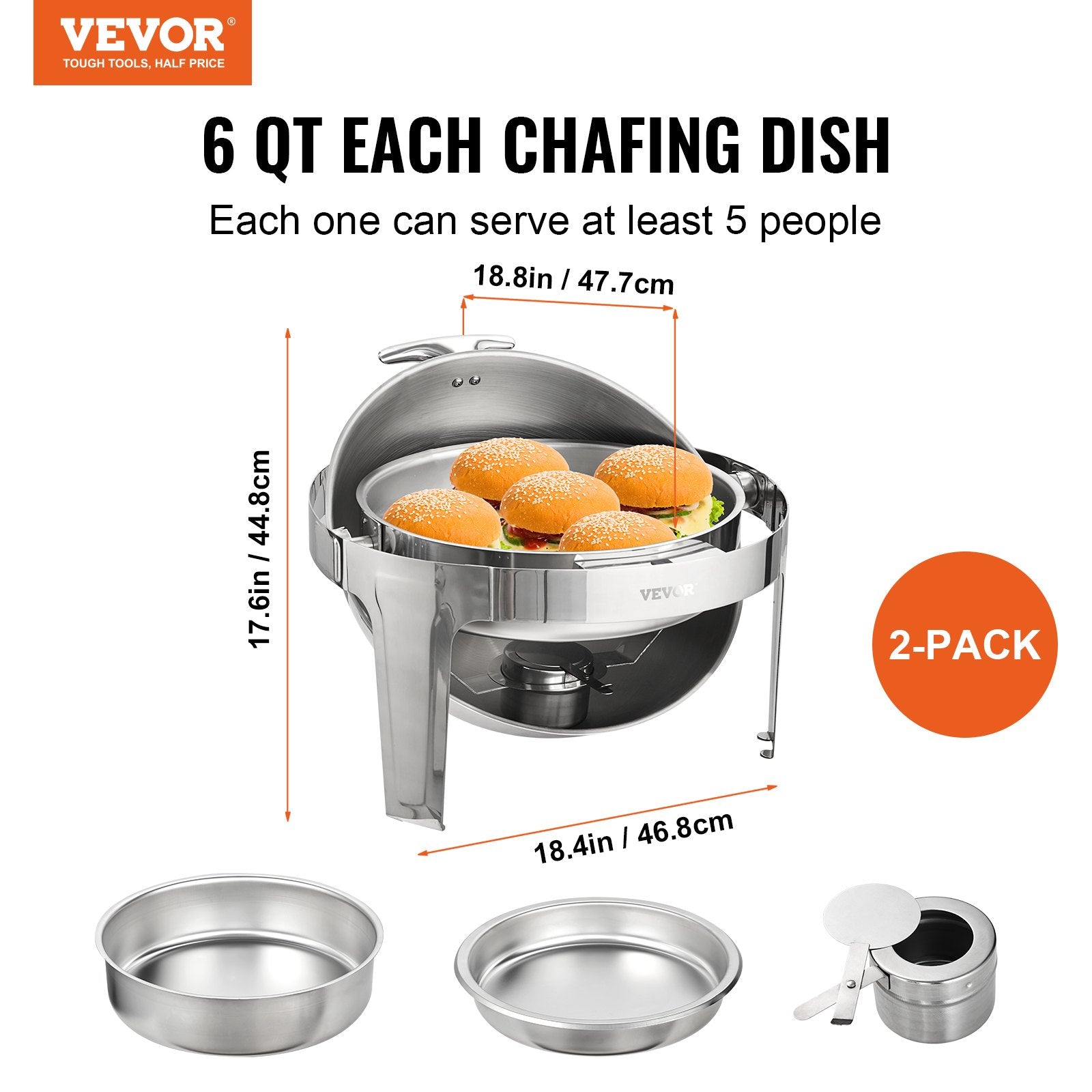 2-Pack 5.5L Roll Top Stainless Steel Chafing Dish Set Lid Fuel Holder