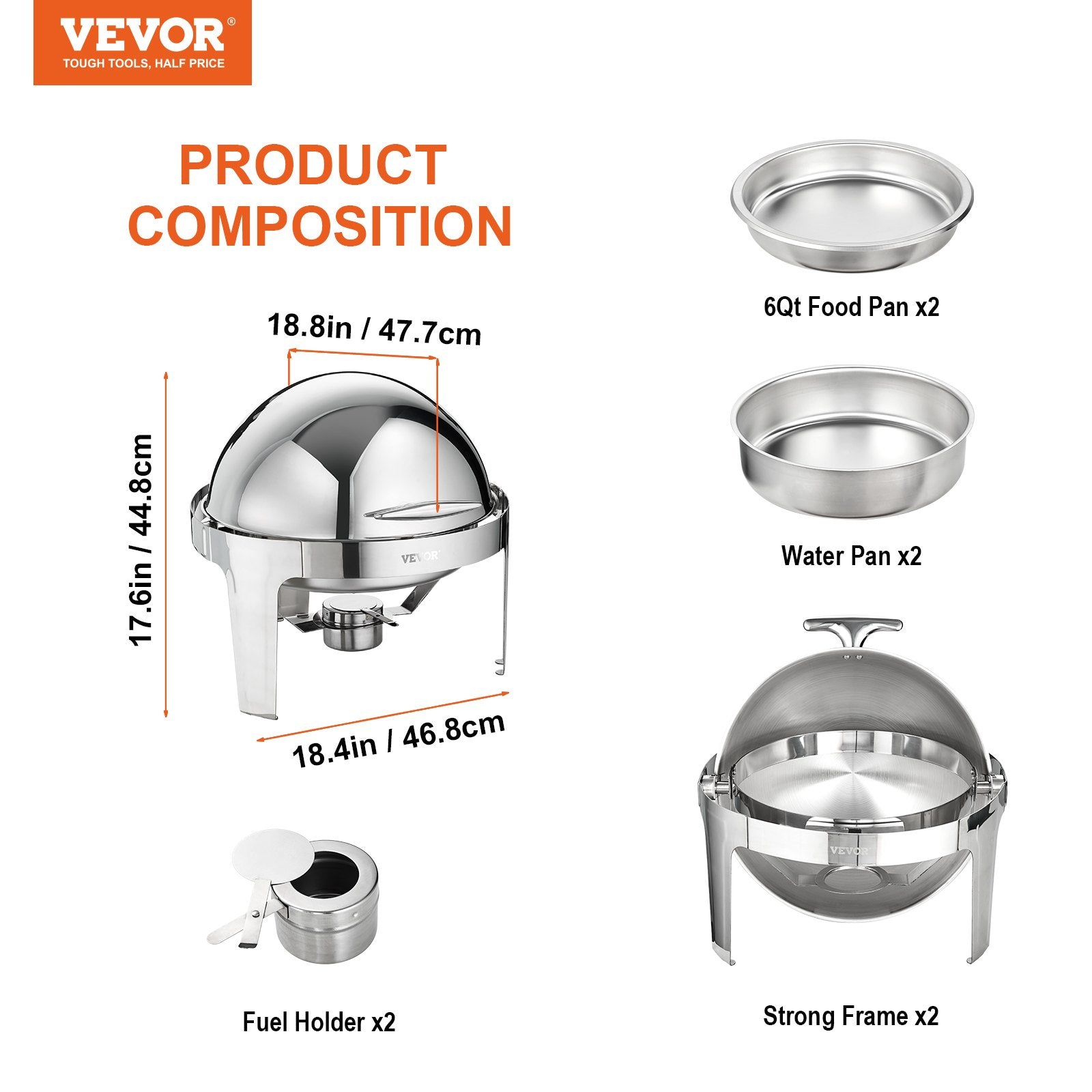 2-Pack 5.5L Roll Top Stainless Steel Chafing Dish Set Lid Fuel Holder