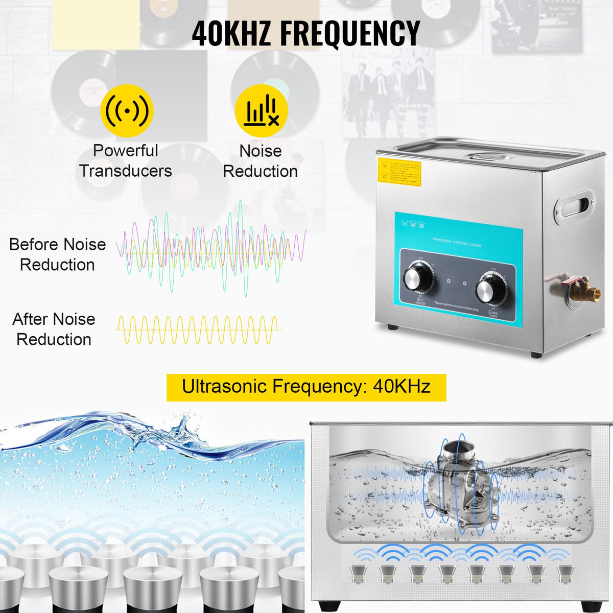 Ultrasonic Vinyl Record Cleaner 6L 40kHz 8 Records Stainless Steel Tank