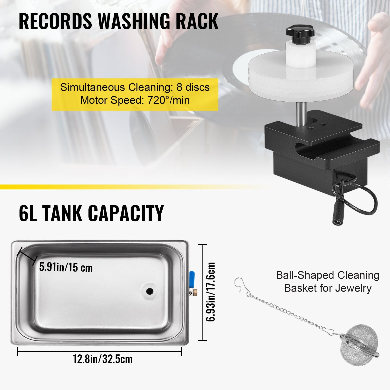 Ultrasonic Vinyl Record Cleaner 6L 40kHz 8 Records Stainless Steel Tank