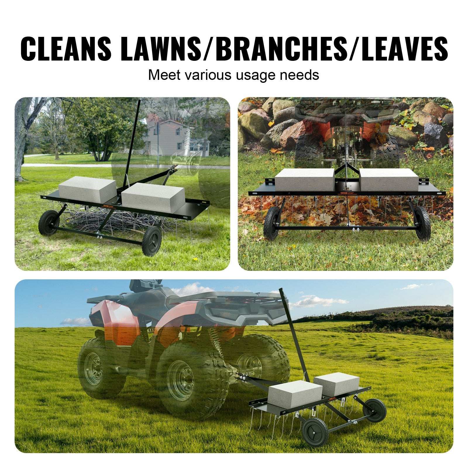 Tow Behind Lawn Dethatcher Rake with Steel Tines for ATV and Mower