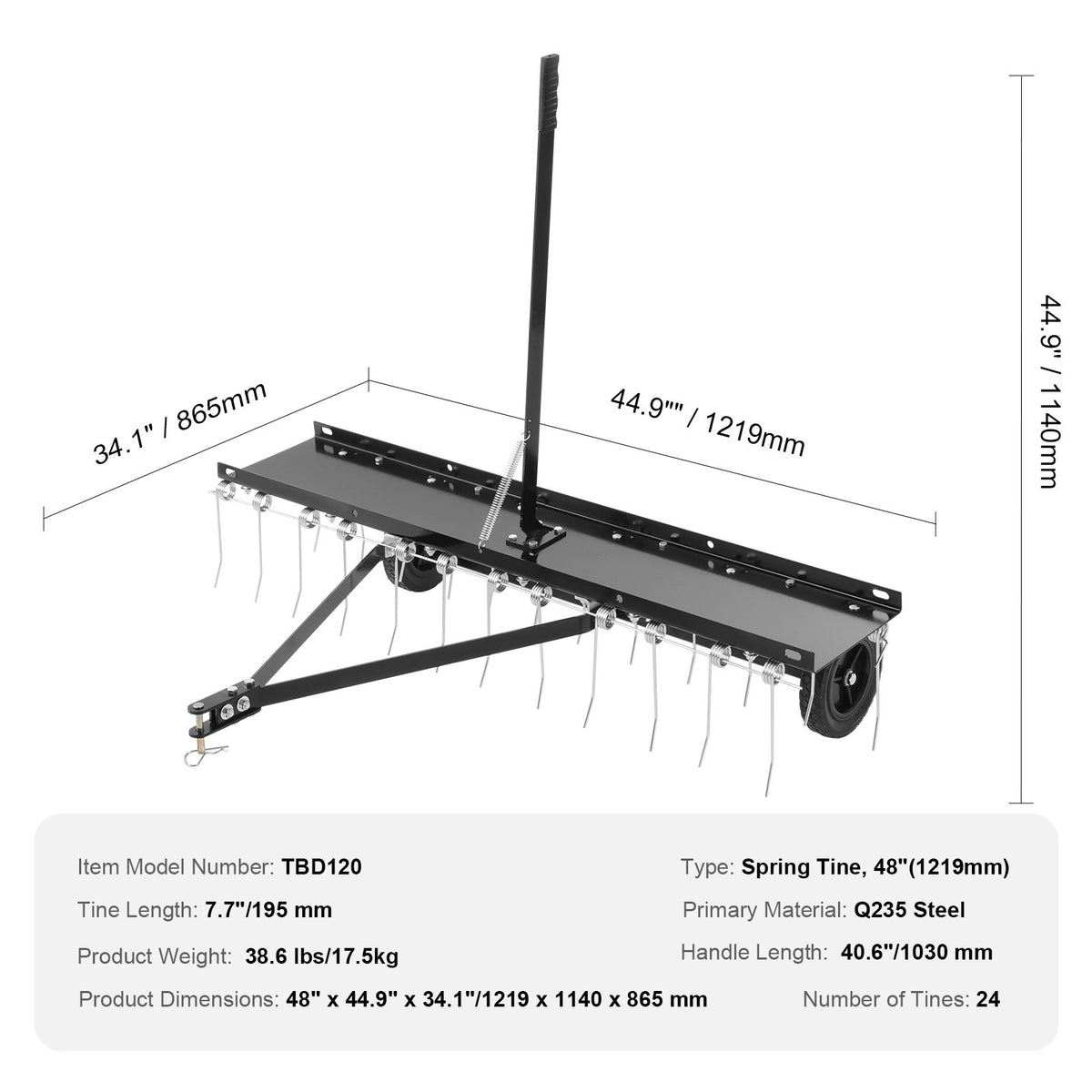 Tow Behind Lawn Dethatcher Rake with Steel Tines for ATV and Mower