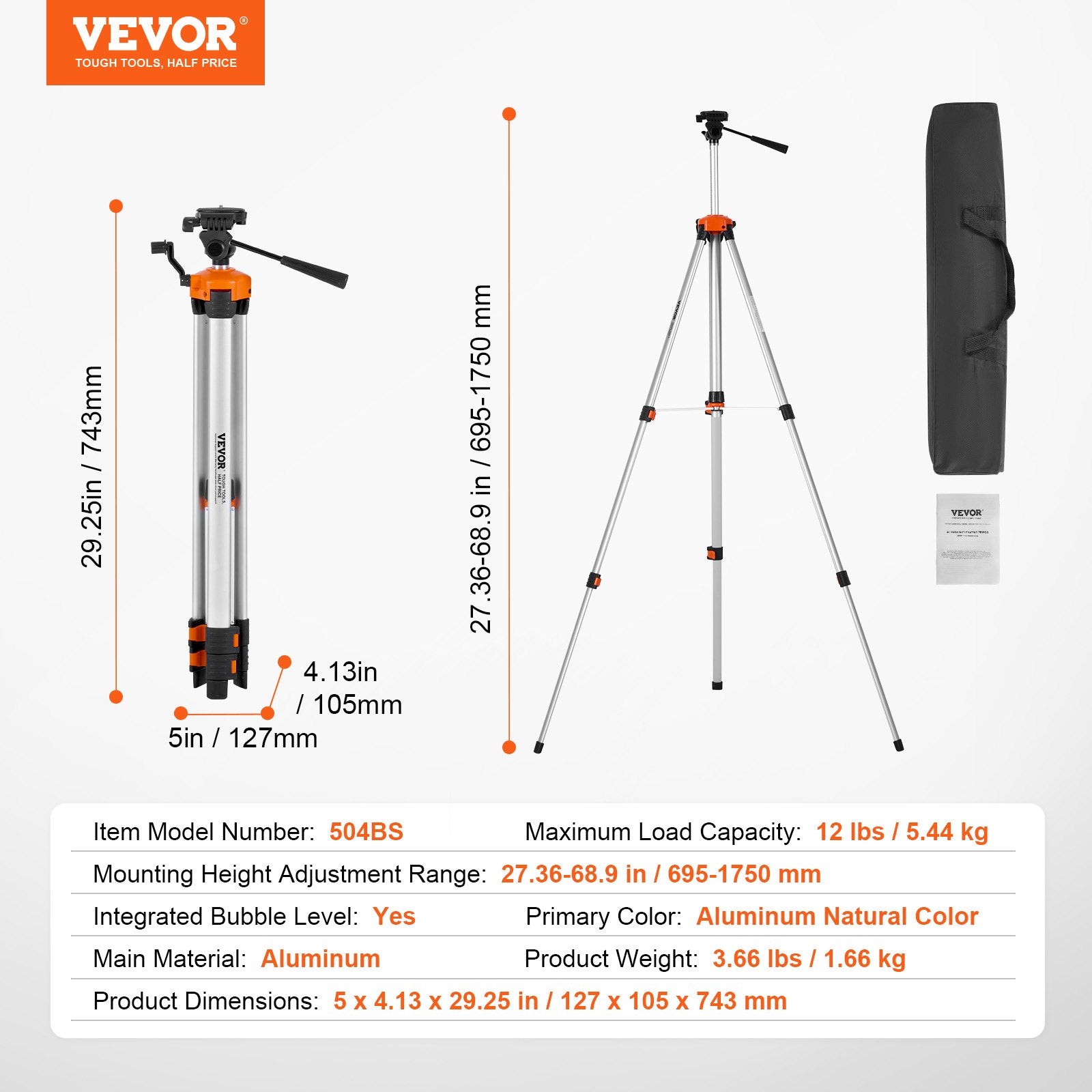 Laser Level Tripod, 1/4 x 20 Thread, 27.36-68.11 Inch Height Adjustable Stand