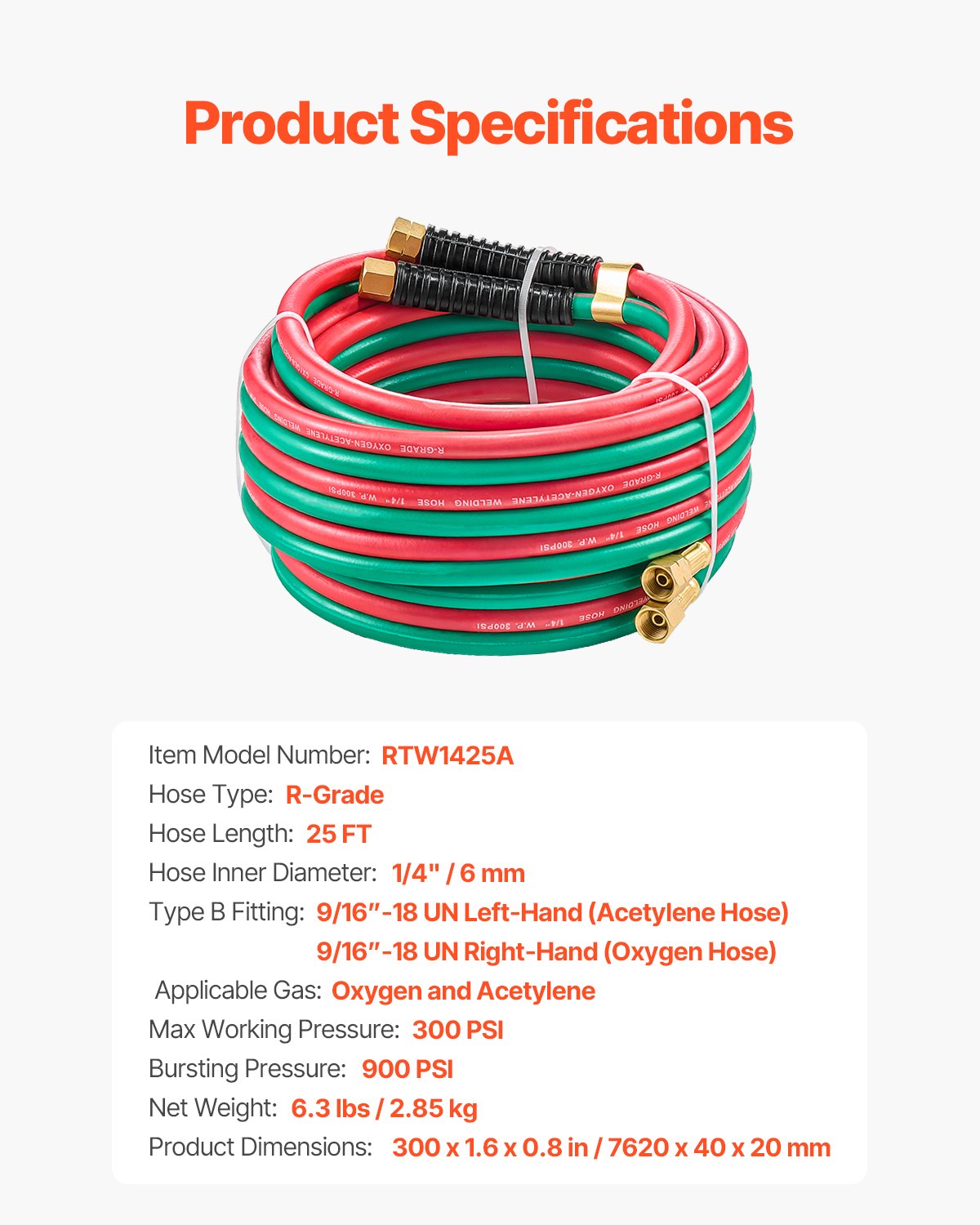 Oxygen Acetylene Hose 1/4in x 25FT 300PSI R Grade Twin Hose 9/16-18 LH/RH B