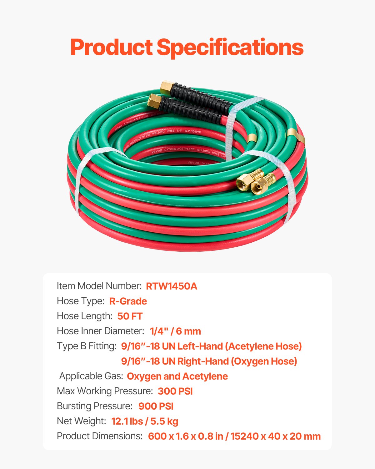 Oxygen Acetylene Hose 1/4"x50FT Twin Hose with 9/16"-18 LH/RH Fittings 300PSI
