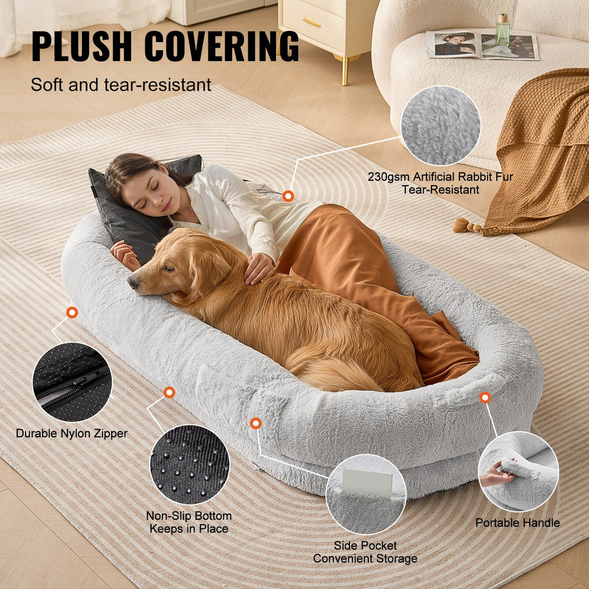 Human Dog Bed 172 x 89 x 25 cm Orthopedic Foam Washable Cover Grey