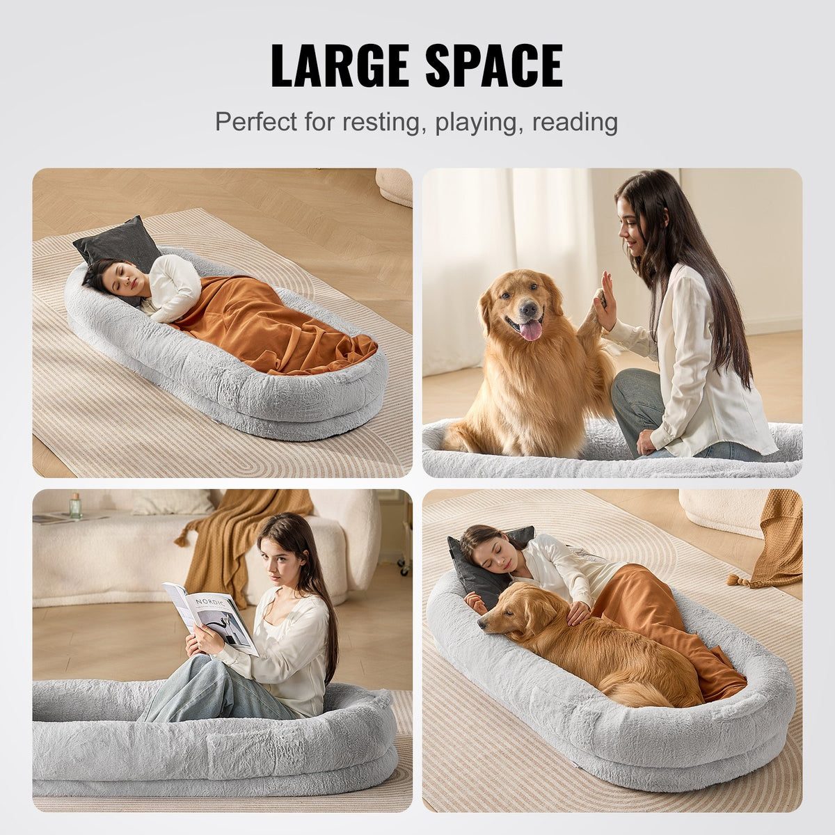 Human Dog Bed 172 x 89 x 25 cm Orthopedic Foam Washable Cover Grey
