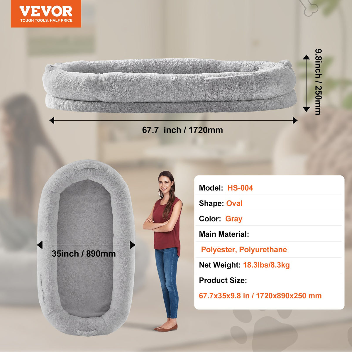 Human Dog Bed 172 x 89 x 25 cm Orthopedic Foam Washable Cover Grey