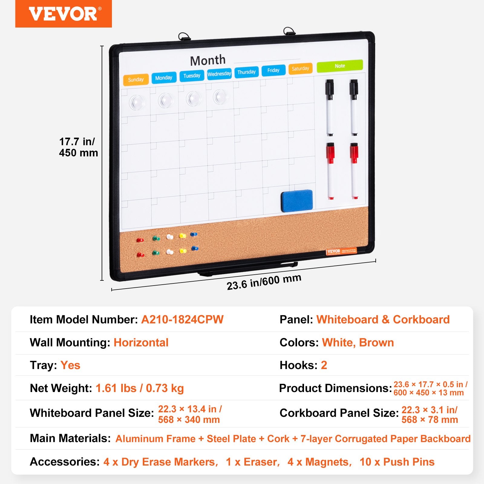 Monthly Calendar Whiteboard Cork Board Magnetic Dry Erase School Home 24"x18"