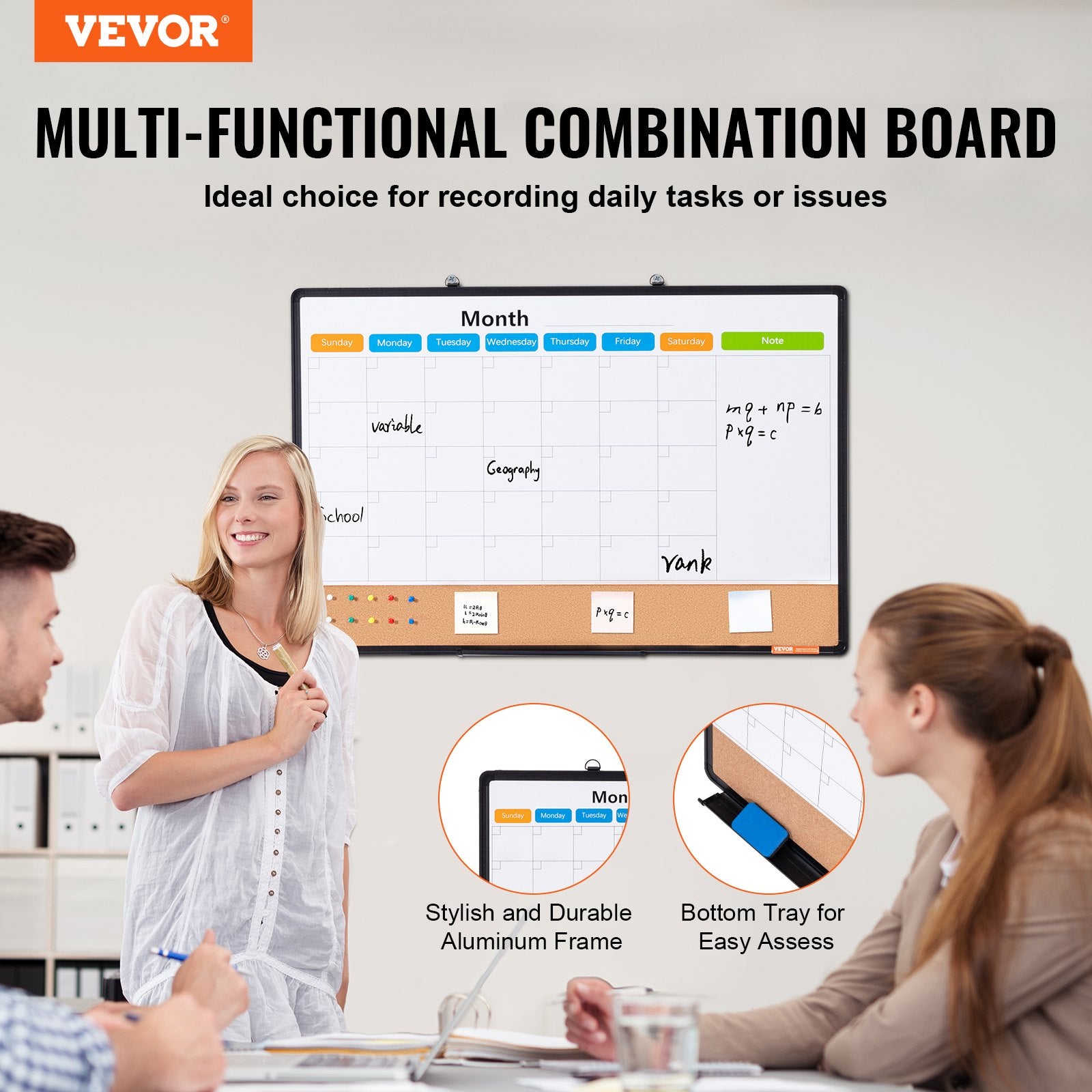 Monthly Calendar Whiteboard Cork Board Combo Magnetic Dry Erase 36"x24"