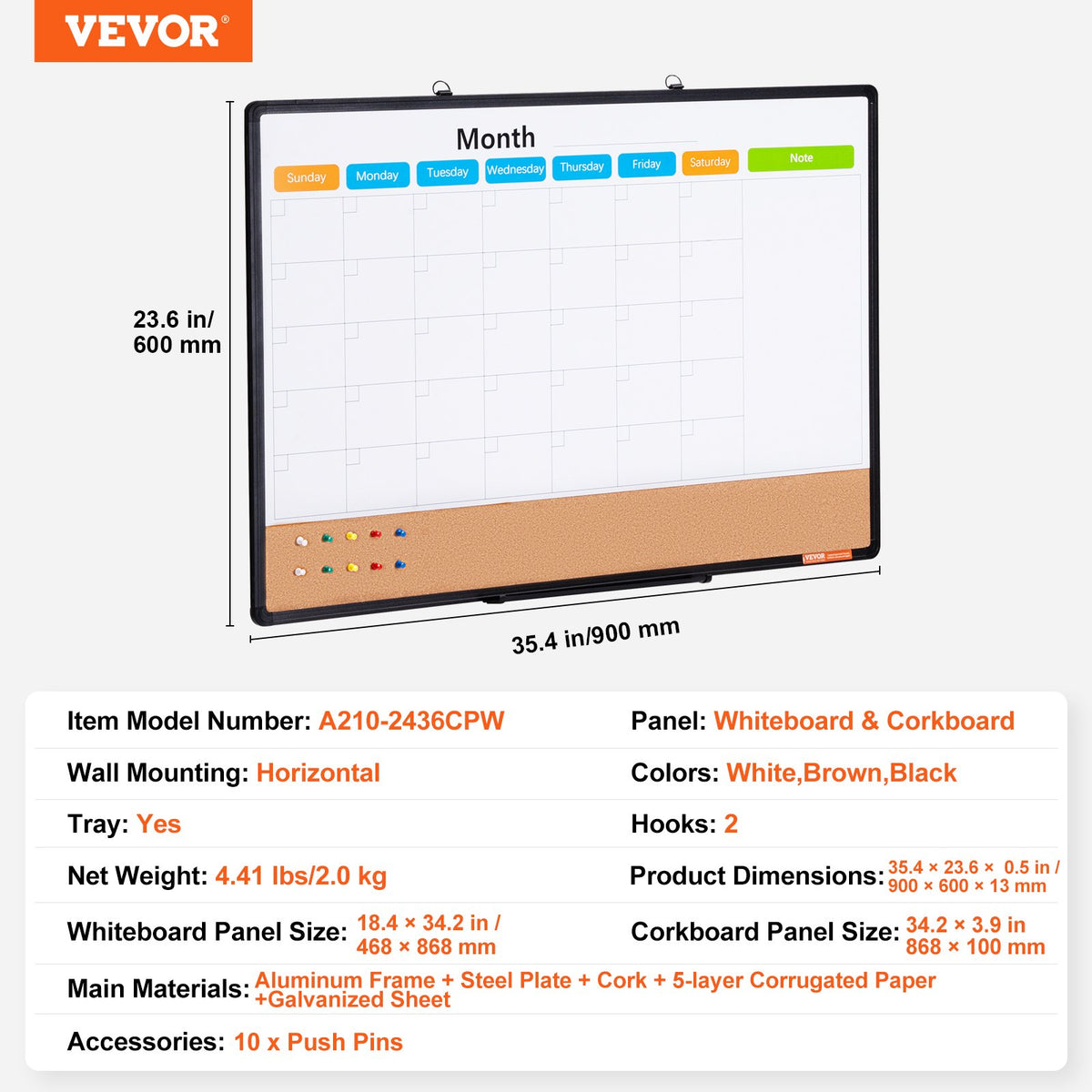 Monthly Calendar Whiteboard Cork Board Combo Magnetic Dry Erase 36"x24"