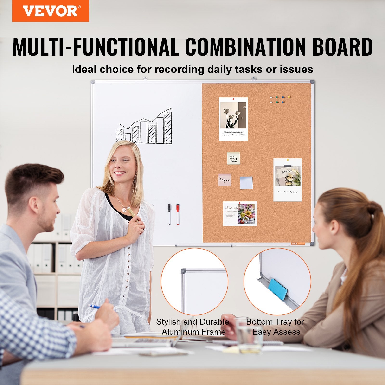 Whiteboard Cork Board Combo Aluminum Frame Magnetic Dry Erase 48"x36"