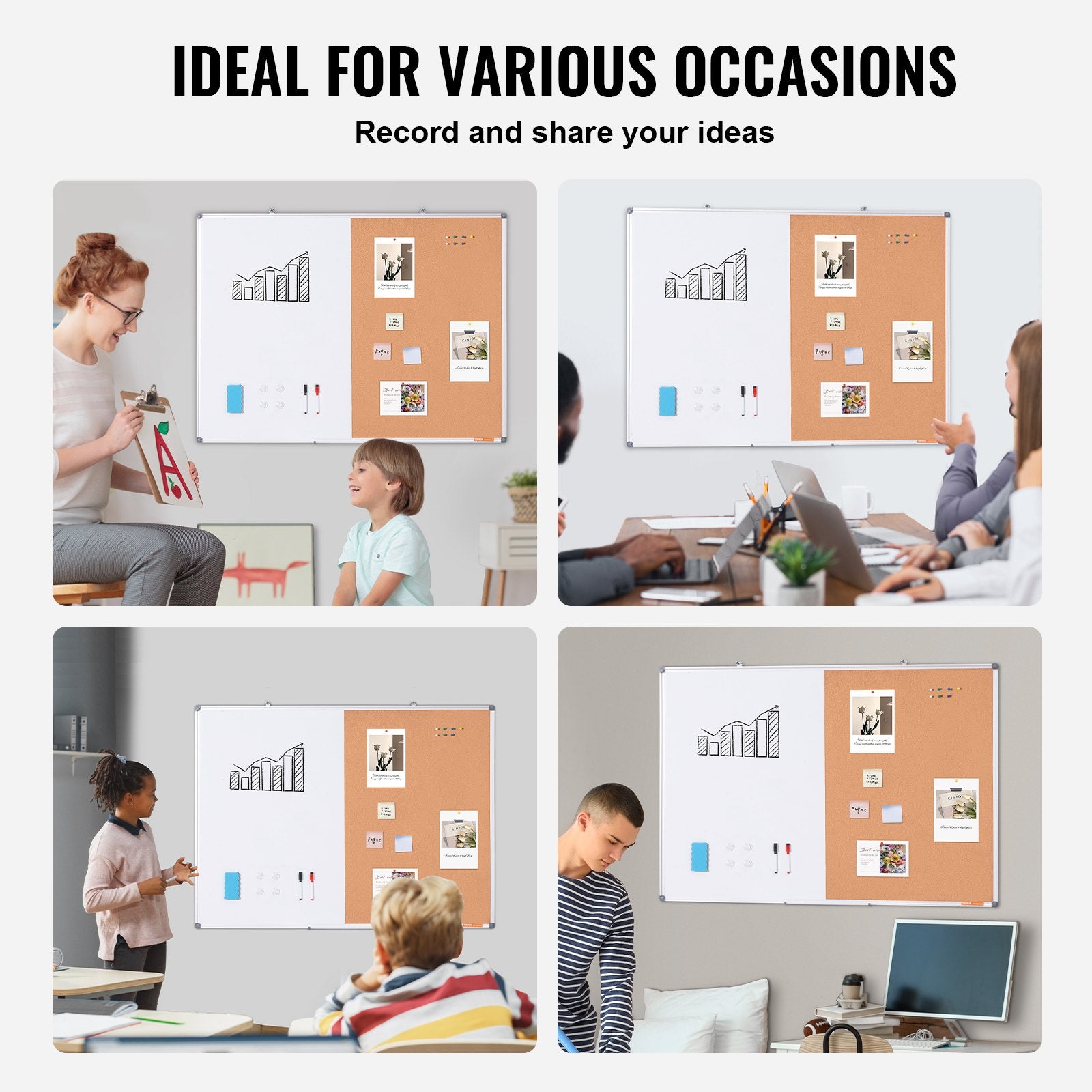 Whiteboard Cork Board Combo Aluminum Frame Magnetic Dry Erase 48"x36"