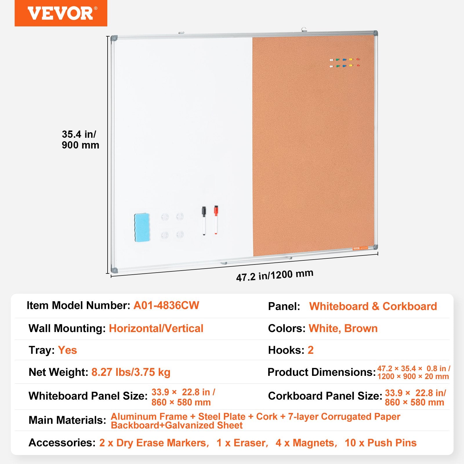 Whiteboard Cork Board Combo Aluminum Frame Magnetic Dry Erase 48"x36"