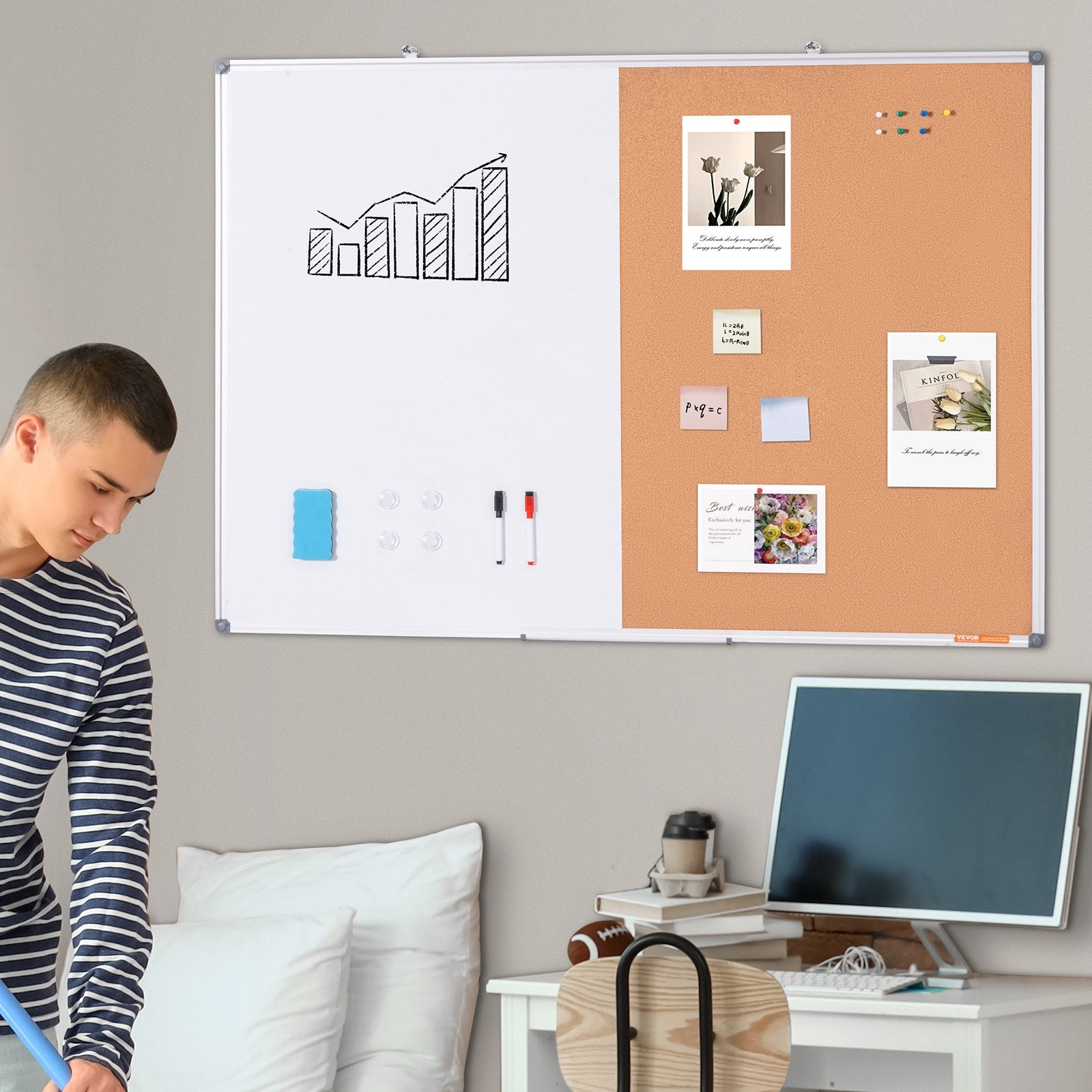 Whiteboard Cork Board Combo Aluminum Frame Magnetic Dry Erase 48"x36"