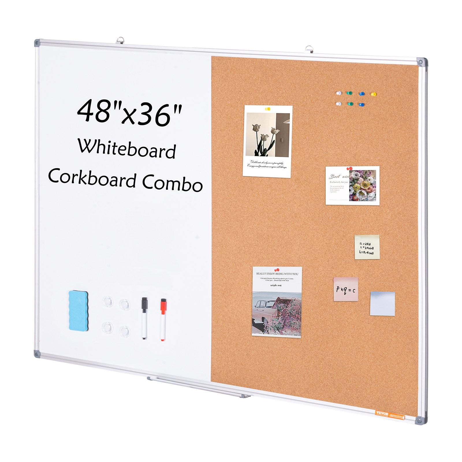 Whiteboard Cork Board Combo Aluminum Frame Magnetic Dry Erase 48"x36"