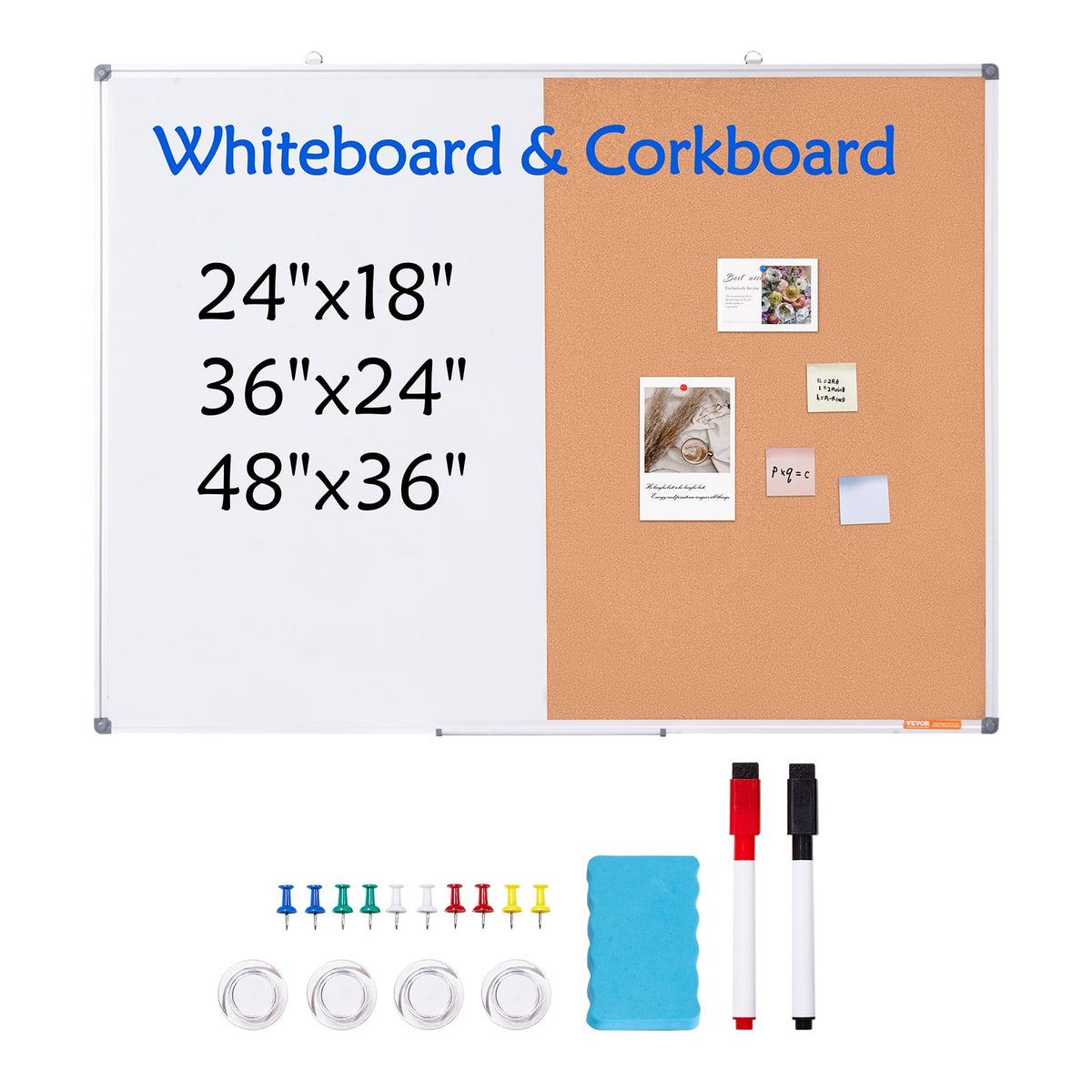 Whiteboard Cork Board Combo Aluminum Frame Magnetic Dry Erase 48"x36"