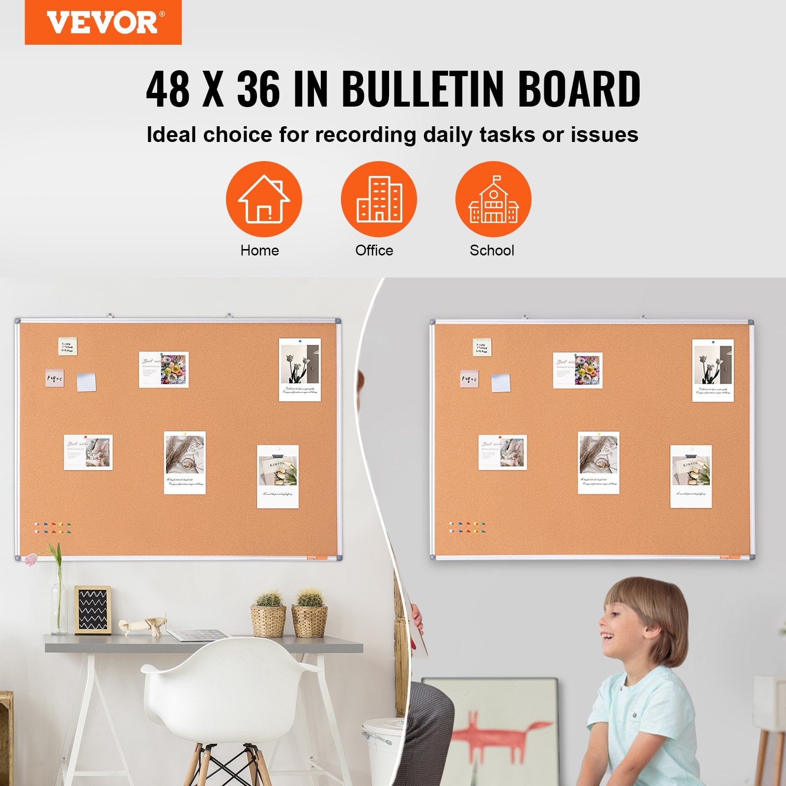 Large Cork Board Wall-Mounted Bulletin Pin Board School Home Office 48"x36"