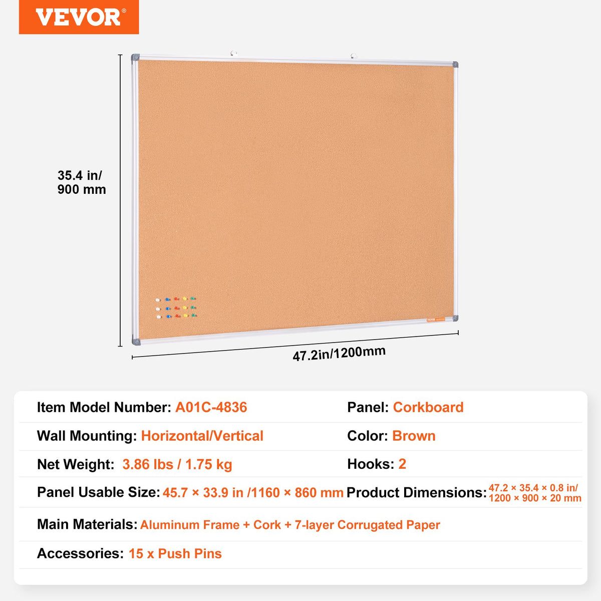 Large Cork Board Wall-Mounted Bulletin Pin Board School Home Office 48"x36"