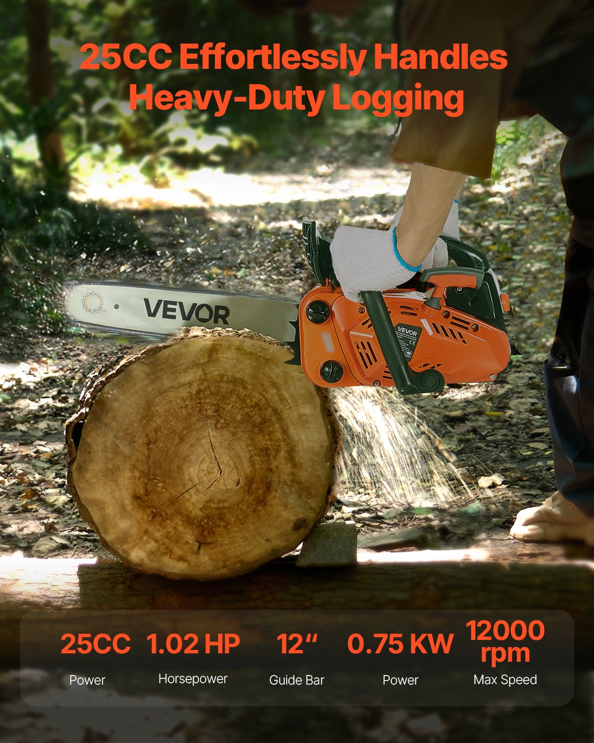 25cc Gas Chainsaw 305mm 0.75kW Dual Fuel Tanks Non-Slip Handle Wood Cutting