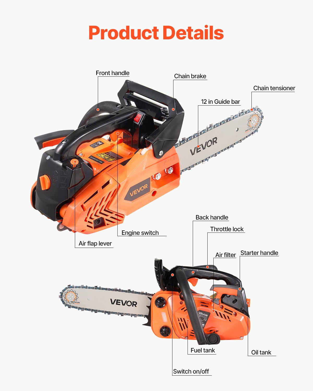 25cc Gas Chainsaw 305mm 0.75kW Dual Fuel Tanks Non-Slip Handle Wood Cutting