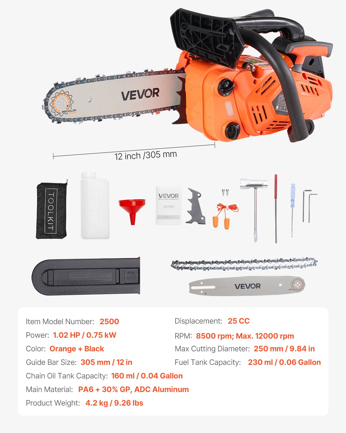 25cc Gas Chainsaw 305mm 0.75kW Dual Fuel Tanks Non-Slip Handle Wood Cutting