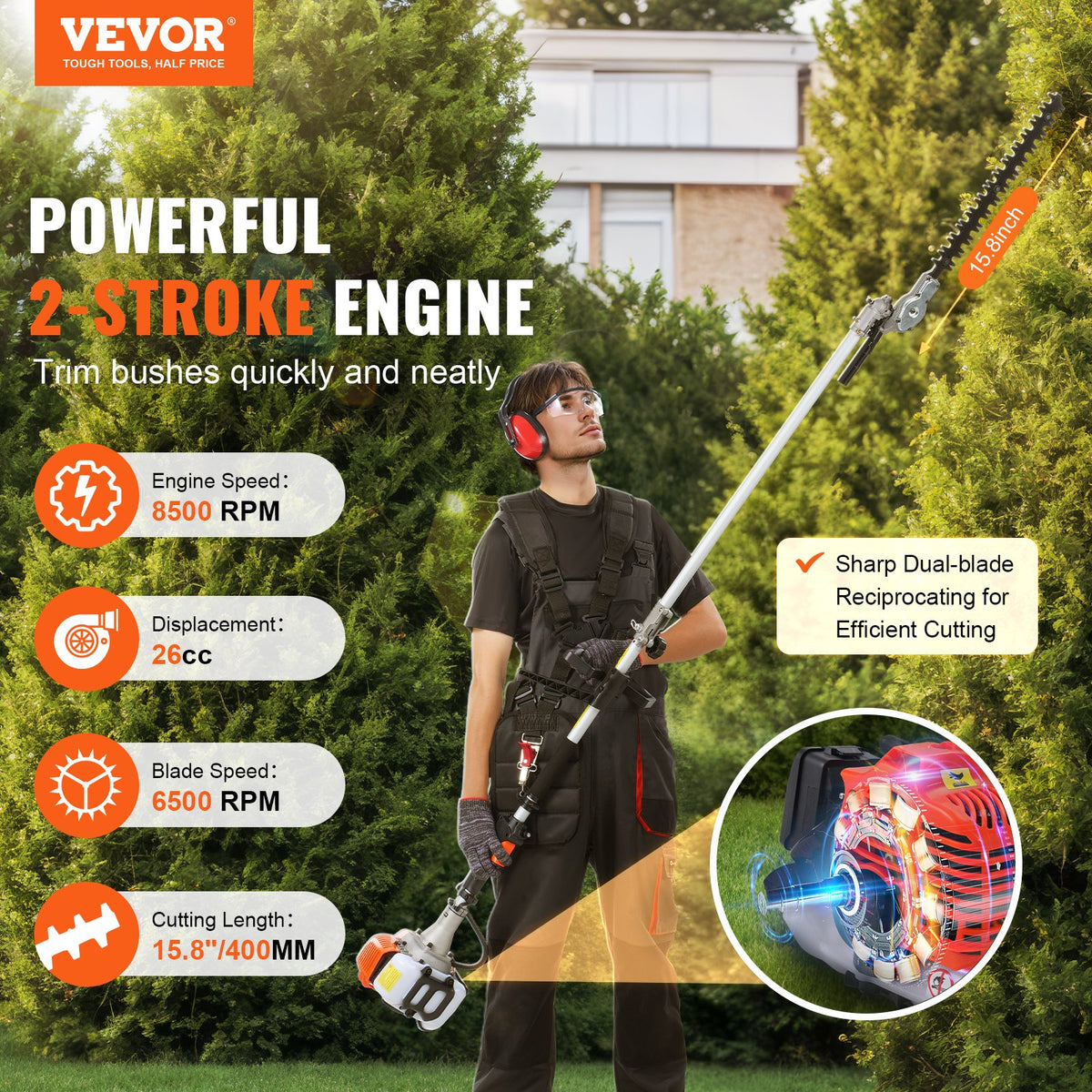 26CC Gas Hedge Trimmer 15.7-Inch 2 Cycle Dual Action Adjustable Head