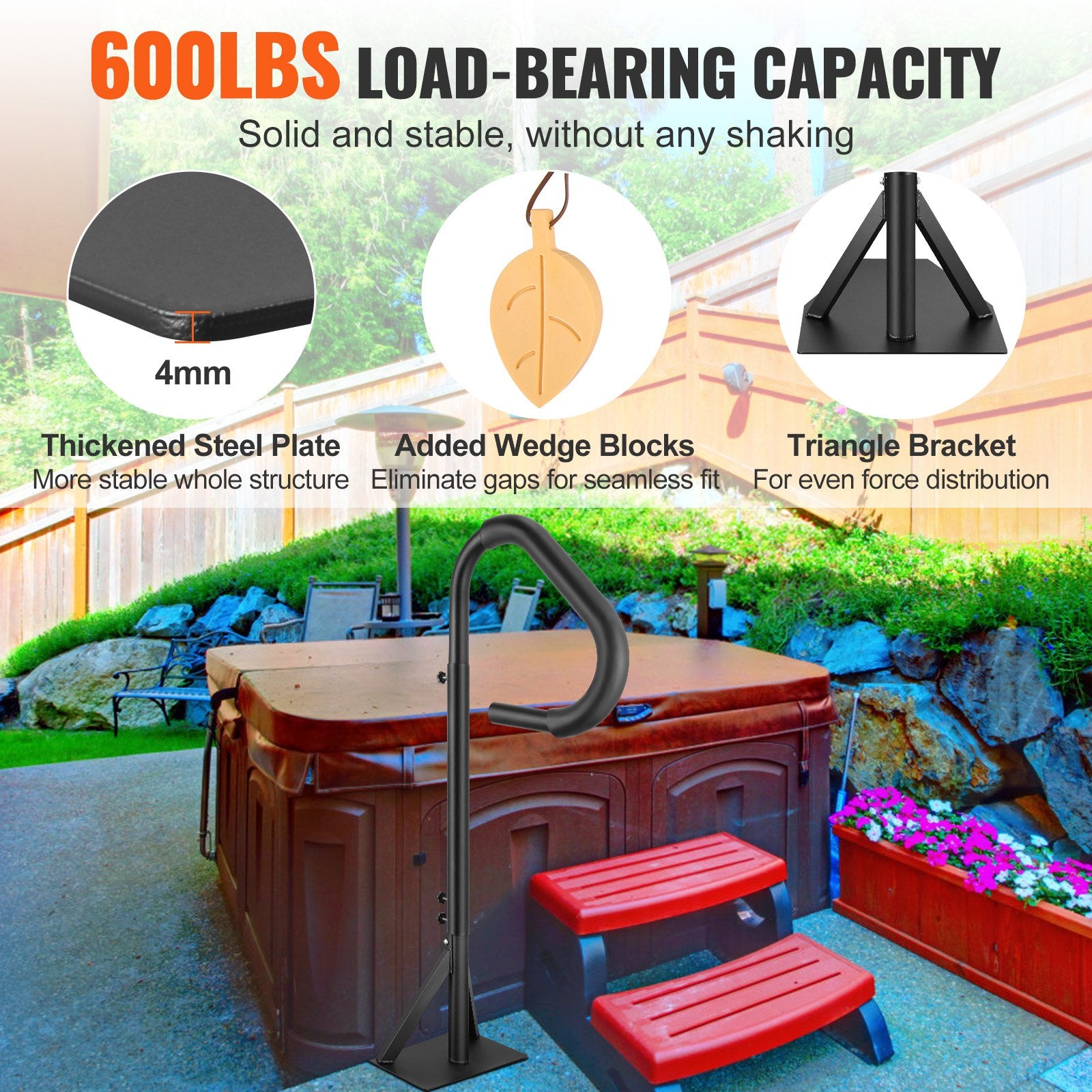 Hot Tub Handrail 360 Rotatable 48-63 Inch Adjustable Aluminum 600LBS