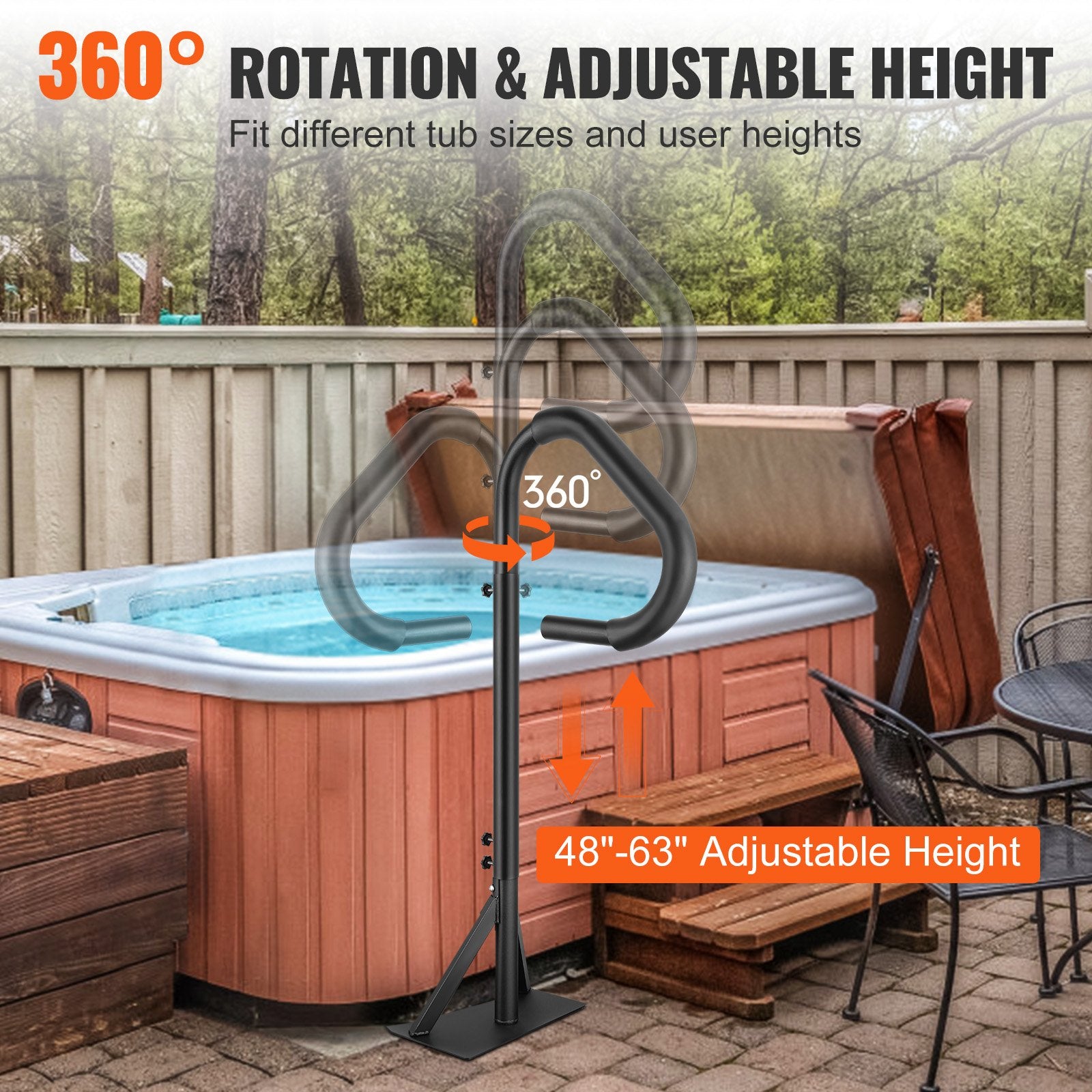 Hot Tub Handrail 360 Rotatable 48-63 Inch Adjustable Aluminum 600LBS