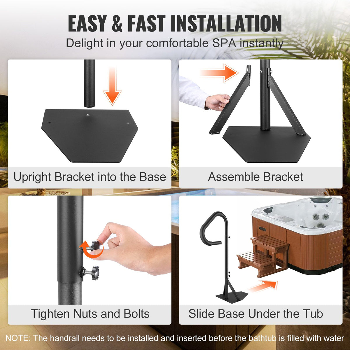 Hot Tub Handrail 360 Rotatable 48-63 Inch Adjustable Aluminum 600LBS