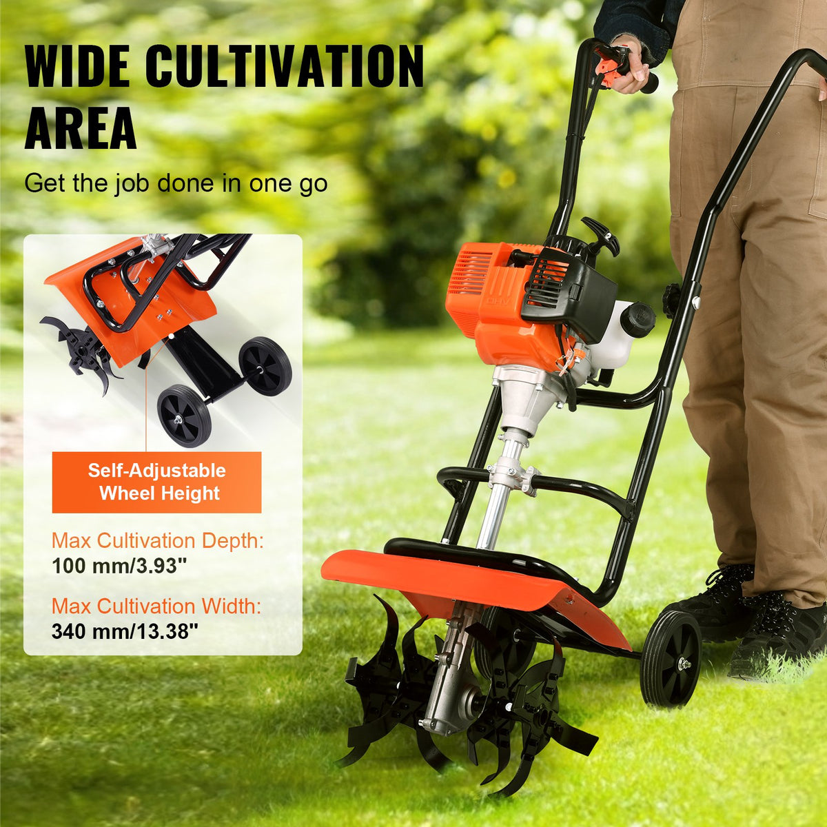 Tiller Cultivator Gas Powered 31CC 4-Stroke with 4 Adjustable Steel Front Tines