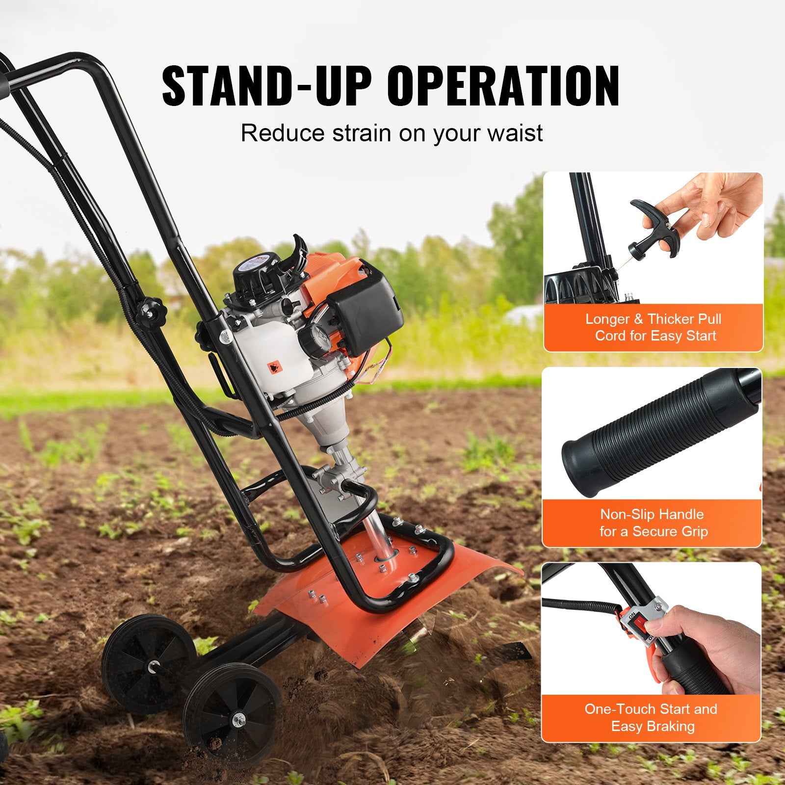 Tiller Cultivator Gas Powered 31CC 4-Stroke with 4 Adjustable Steel Front Tines