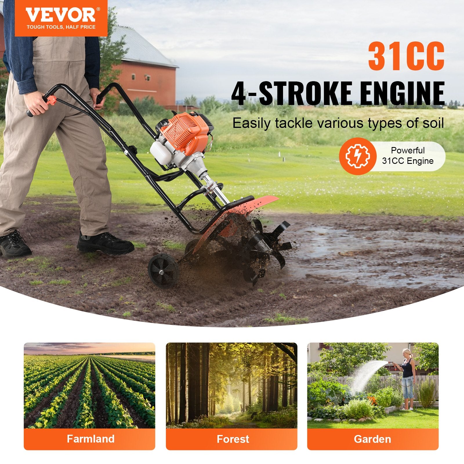 Tiller Cultivator Gas Powered 38CC 4-Stroke with 4 Adjustable Steel Front Tines