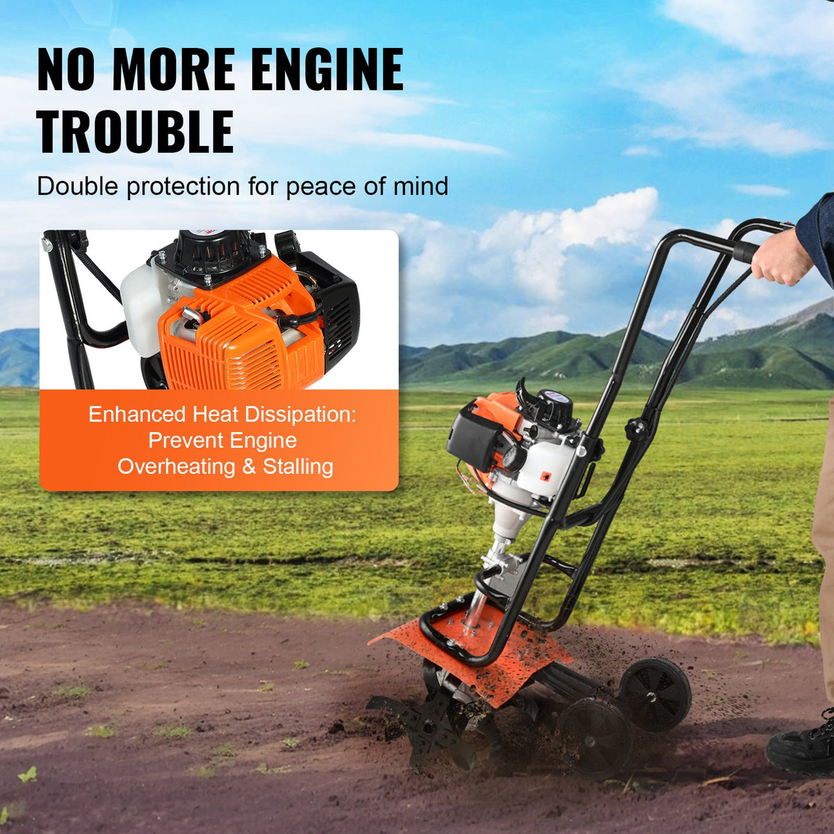 Tiller Cultivator Gas Powered 38CC 4-Stroke with 4 Adjustable Steel Front Tines