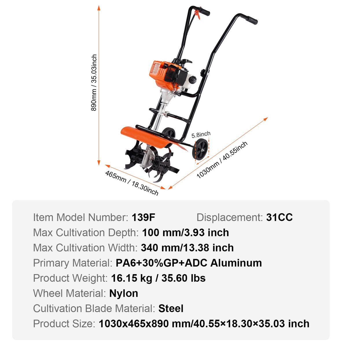 Tiller Cultivator Gas Powered 38CC 4-Stroke with 4 Adjustable Steel Front Tines