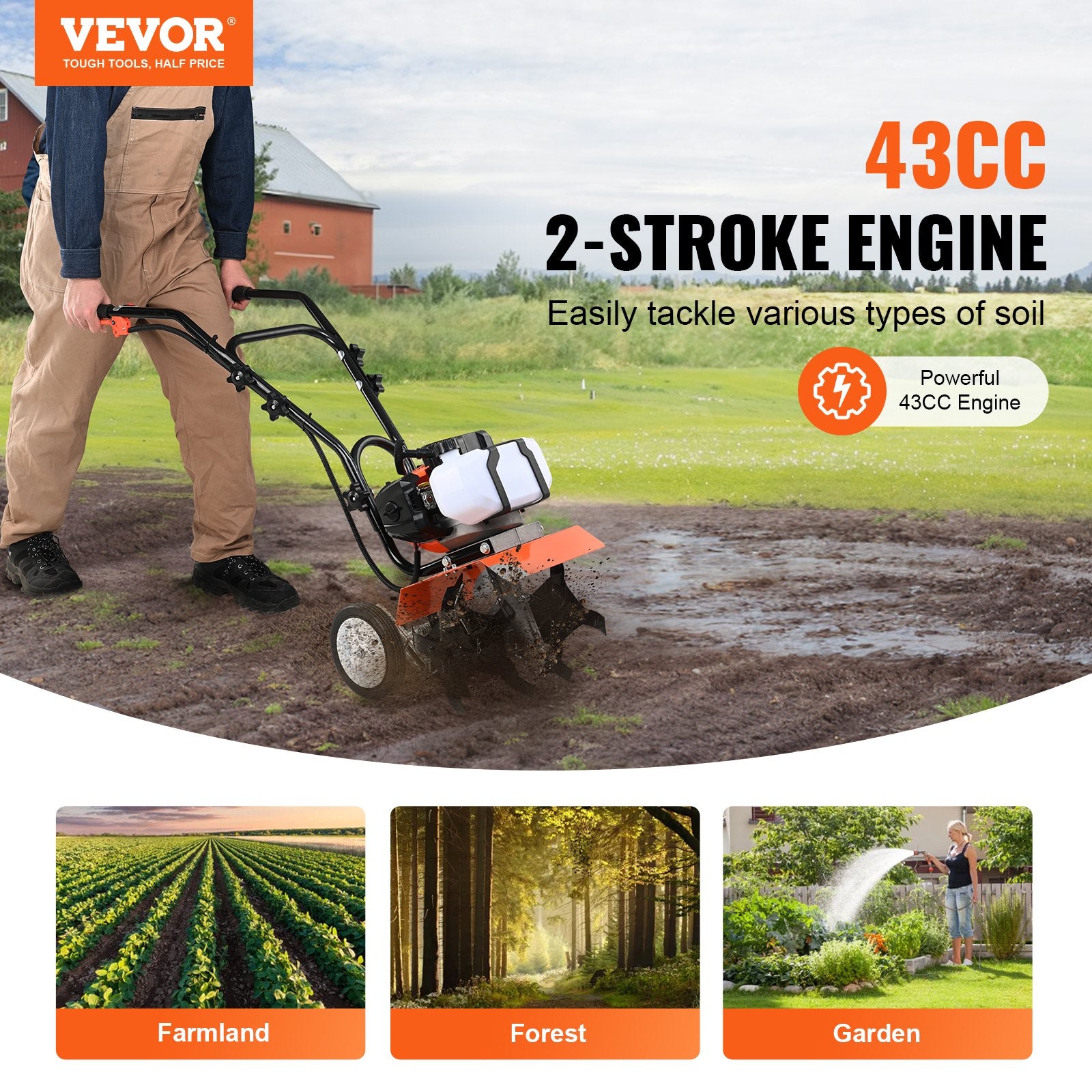 Tiller Cultivator Gas Powered 43CC 2-Stroke with 4 Adjustable Steel Front Tines